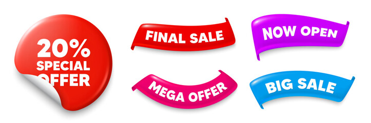 Discount sticker, Sale offer ribbons. Big sale, Now open. 20 percent discount offer tag. Sale price promo sign. Special offer symbol. Sticker badge. Flag ribbon banners. Discount offer banners. Vector