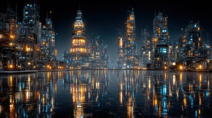 Futuristic Cityscape at Night Reflecting in Water with Illuminated Buildings