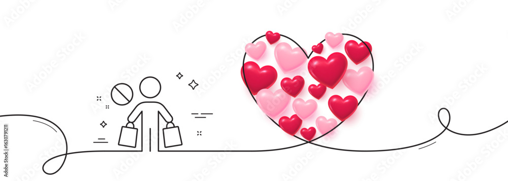 Poster stop shopping line icon. continuous line big heart. no panic buying sign. man with shopping bags sym