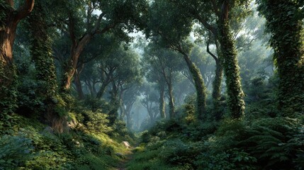A serene and beautiful forest scene with lush greenery and a misty atmosphere