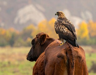 Eagle perched on cow's back