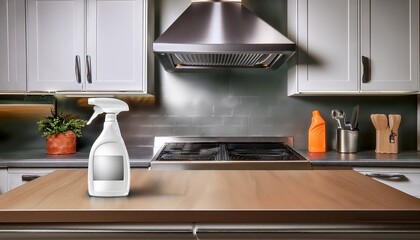 range hood vent removed and degreaser spray on countertop ready to use
