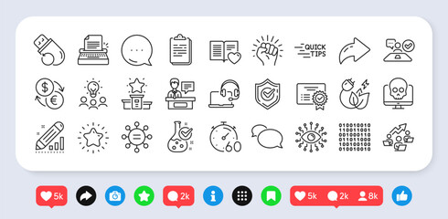 Ethics, Timer and Green energy line icons pack. Social media: share, comment, like icons. Artificial intelligence, Currency exchange, Confirmed web icon. Vector
