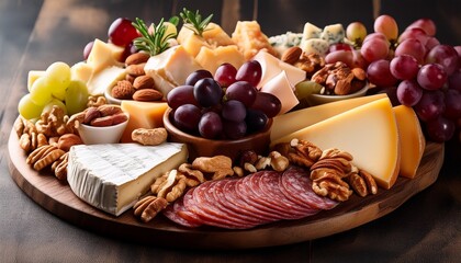 mixed cheese platter with grapes nuts and sliced meats