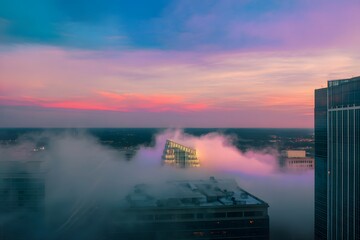 Orange sun rises over a tranquil lake, painting the morning sky with a calm, blue reflection of summer clouds