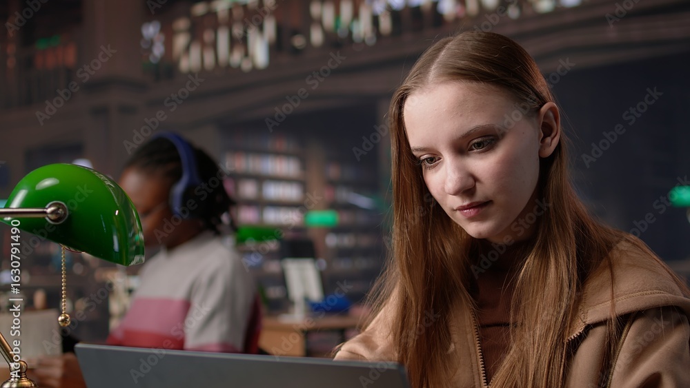 Aufkleber intellectual college student researching public relations and its societal impact, utilizing laptop 