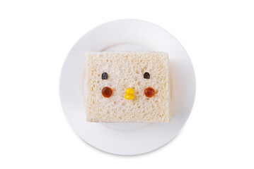 Japanese Egg Salad sandwich, Tamago Sando in the form of funny face on a white isolated background