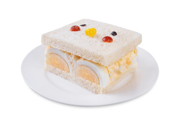 Japanese Egg Salad sandwich, Tamago Sando in the form of funny face on a white isolated background