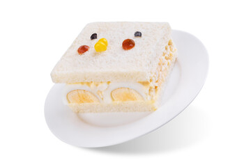 Japanese Egg Salad sandwich, Tamago Sando in the form of funny face on a white isolated background