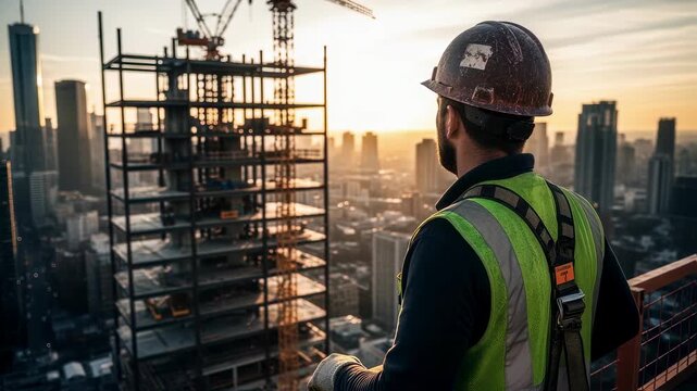 Laborer overseeing steel framework erection in metropolitan area.