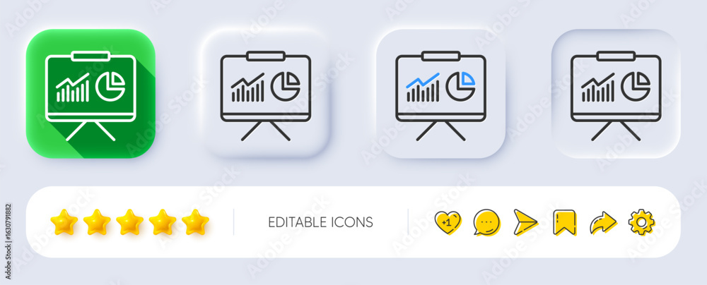 Poster presentation board line icon. neumorphic, flat shadow, 3d buttons. report chart or sales growth sign