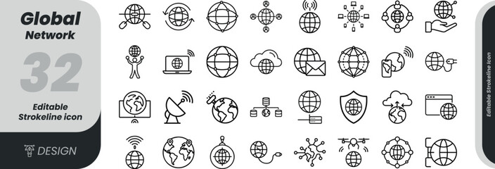 Vector art of global network icons isolated on white background, representing connectivity, communication, and technology transparent background