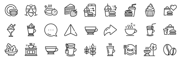 Latte, Coffee shop and Ice cream line icons pack. Share, Message, Paper plane icons. Frying pan, Salad, Food donation web icon. Gluten free, Food order, Dishes pictogram. Vector