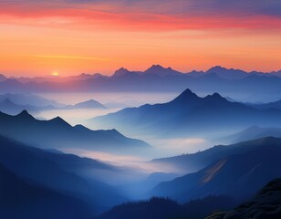 sunrise over misty mountain ranges colorful sunrise paints the distant mountain ridges in shades of blue and orange misty valley layers the landscape