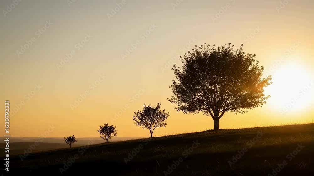 Poster serene landscape showing progress from small sapling to fullgrown tree at sundown