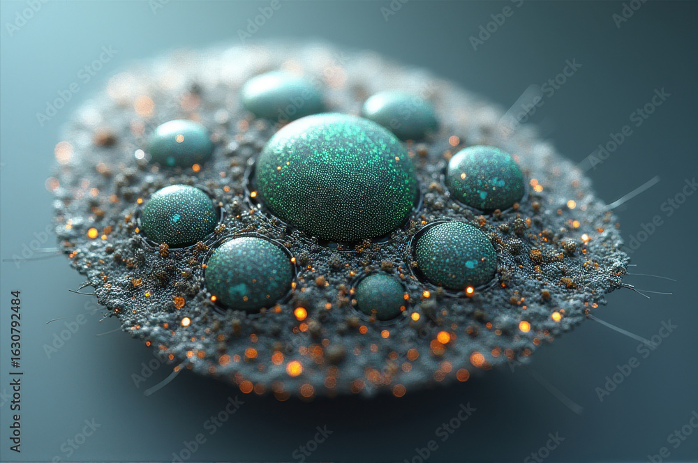 Poster cluster of shimmering turquoise spheres embedded in textured surface, reflecting light with metallic