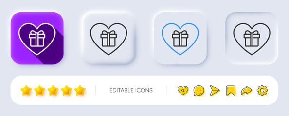 Love Gift box line icon. Neumorphic, Flat shadow, 3d buttons. Present or Sale sign. Birthday Shopping symbol. Package in Gift Wrap. Line romantic gift icon. Social media icons. Vector