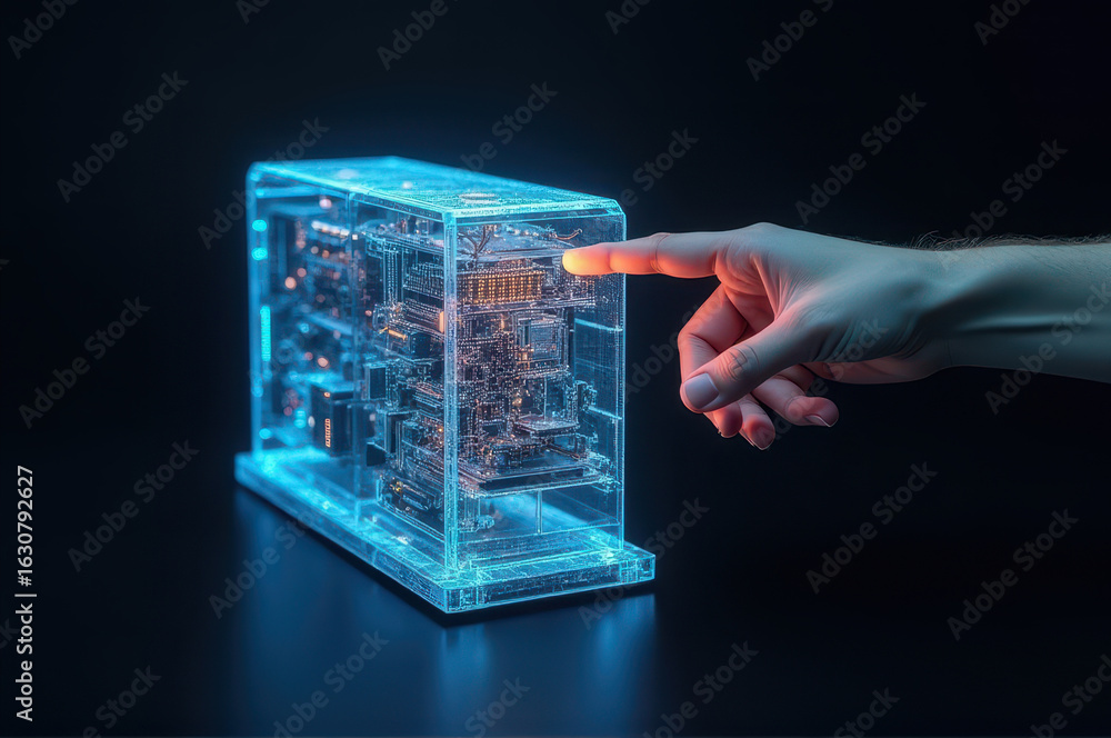 Poster hand interacts with glowing, translucent computer server highlighted by blue circuitry. high-tech, d