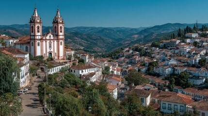 Fototapeta premium Panoramic view of a colonial town with a church