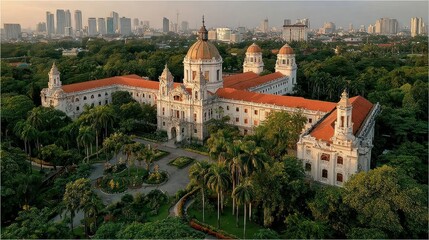 Obraz premium Panoramic view of a grand, ornate building complex, surrounded by lush gardens and trees, situated within a city