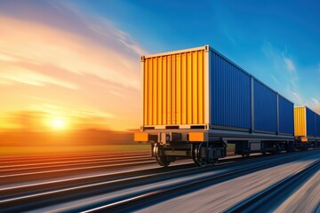 Fototapeta premium Freight Train Transport with Containers at Sunset View