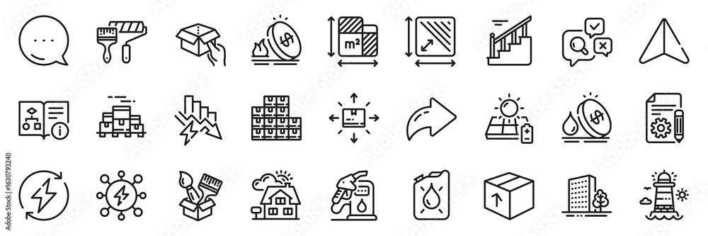 Poster cardboard box, boxes pallet and technical algorithm line icons pack. share, message, paper plane ico