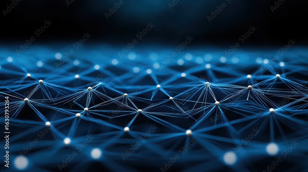 Poster futuristic network of blue lines with glowing nodes and depth