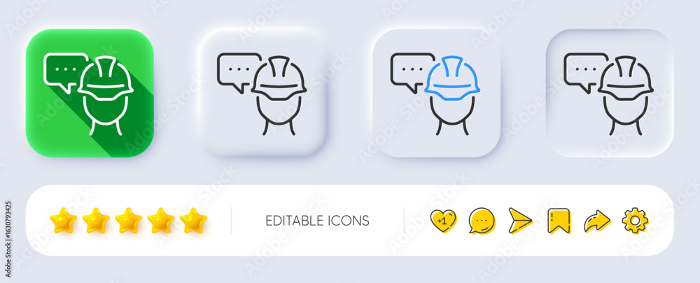 Poster foreman talk line icon. neumorphic, flat shadow, 3d buttons. engineer or architect sign. constructio