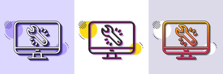 Spanner tool line icon. Halftone dotted pattern. Gradient icon with grain shadow. Monitor or computer repair service sign. Fix instruments symbol. Line monitor repair icon. Various designs. Vector