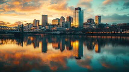 Fototapeta premium A vibrant city skyline at sunset, reflecting on a calm river, showcasing modern architecture and beautiful cloud formations.
