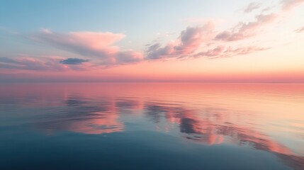 Obraz premium A serene seascape at sunset, showcasing soft pink and blue hues reflected on calm waters under a sky filled with wispy clouds.