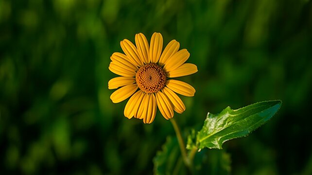 Bright yellow daisy flower blooming in green field
