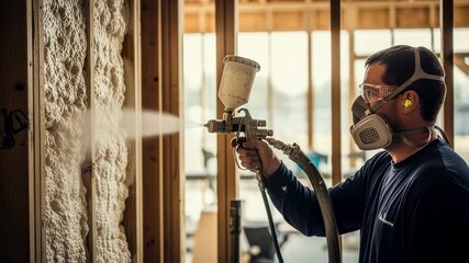 Home construction worker enhancing wall insulation with polyurethane spray.