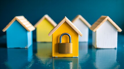 Mini house models with padlock symbolizing home security and protection