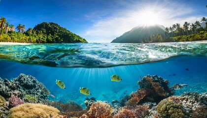 Fototapeta premium tropical coral reef split view sunlight filters through the water fish swim amongst vibrant coral lush green islands in the background