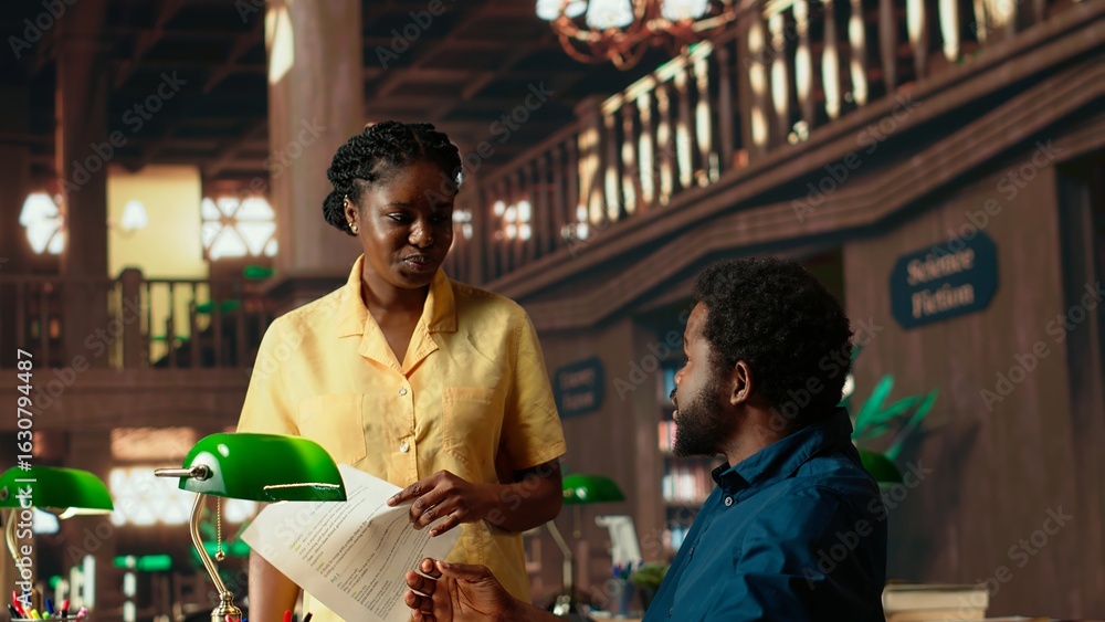 Poster african american students reading their coursework in a quiet campus library, using academic resourc