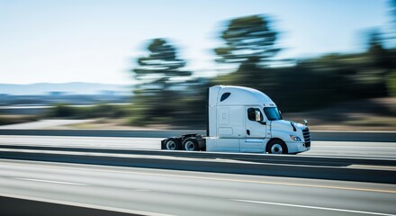White semi truck driving fast on highway with motion blur