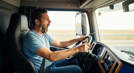 Yawning caucasian male truck driver in blue shirt driving on highway