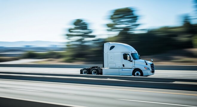 White semi truck driving fast on highway with motion blur