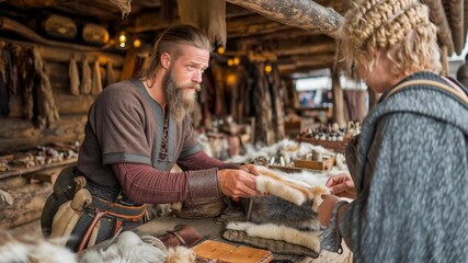 Medieval Market Scene with Viking Trader and Furs