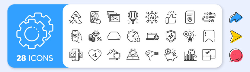 Photo album, Timer and Seo idea line icons. Interest rate, AI generate, Inflation icons. Pack of Settings gears, Floor plan, Bitcoin coin icon. Money tax, Mini pc, Recovery hdd pictogram. Vector
