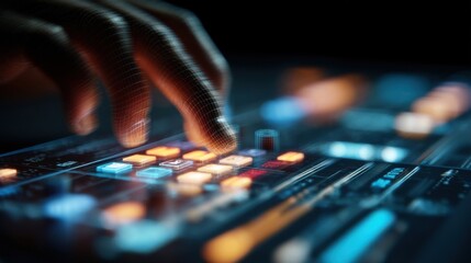 A closeup of a consoles keypad with pressing fingers actively logging decisions made by AI systems alongside a digital display showing current production efficiency metrics.