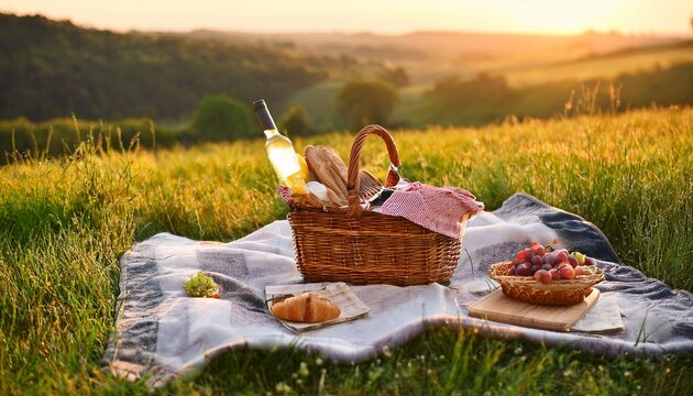 picnic in field with blanket and food basket