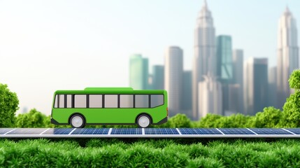 Green Bus on Solar Panels with City Skyline Background