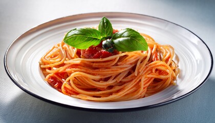 spaghetti with tomato sauce and green basil leaf