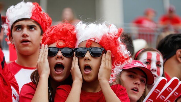 Excited Children Cheering with Red and White Face Paint and Wigs - Fanatics
