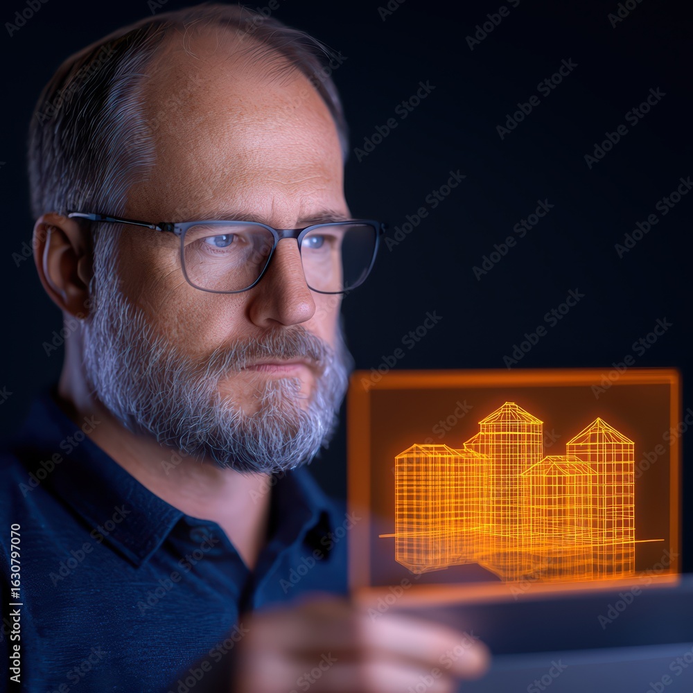 Poster man using technology for digital building design concept