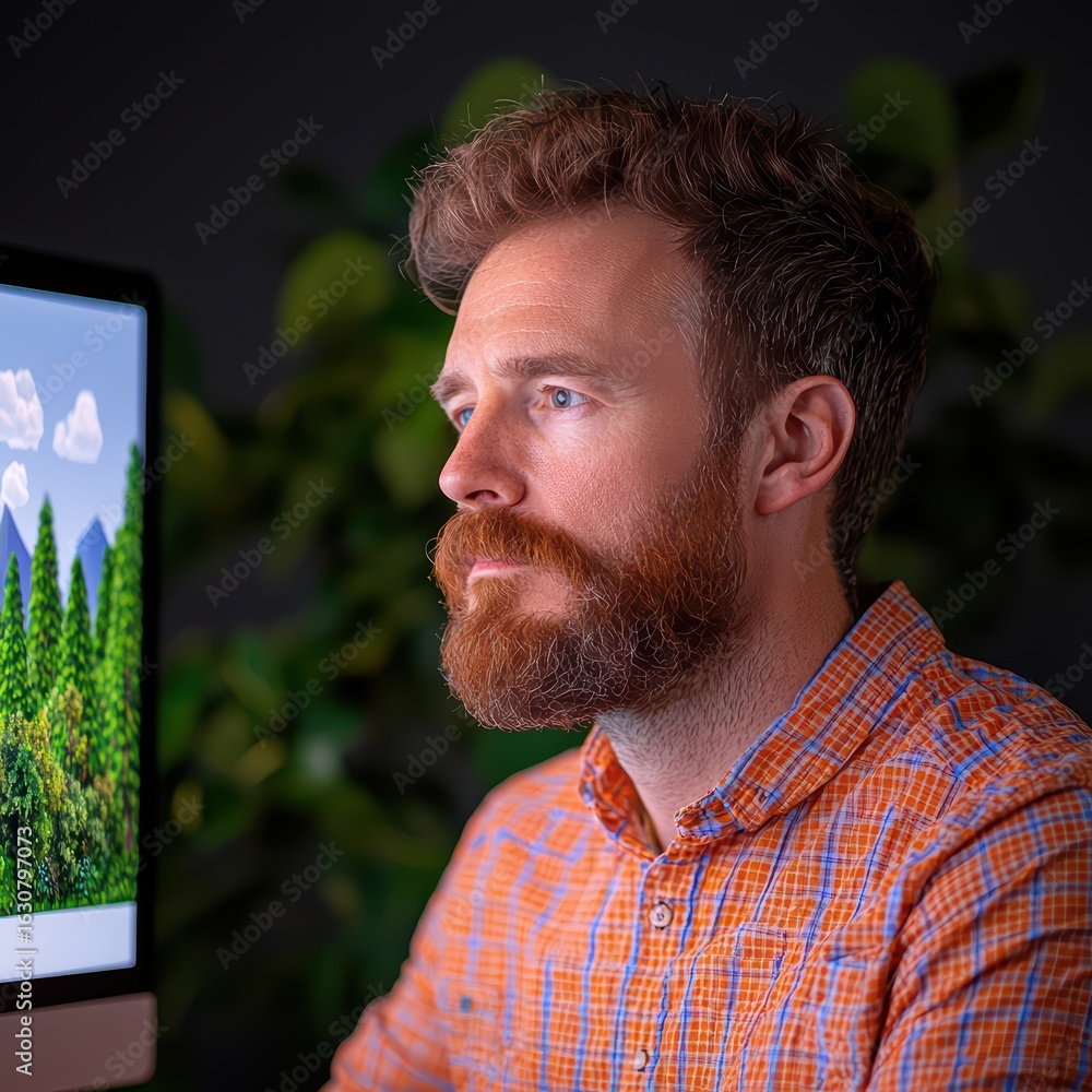 Poster Man in Front of Computer with Nature Background Display