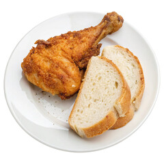 Plate of food with chicken and a piece of bread isolated on transparent background  

