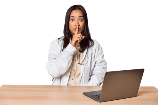 Young Filipino doctor with laptop in studio keeping a secret or asking for silence.